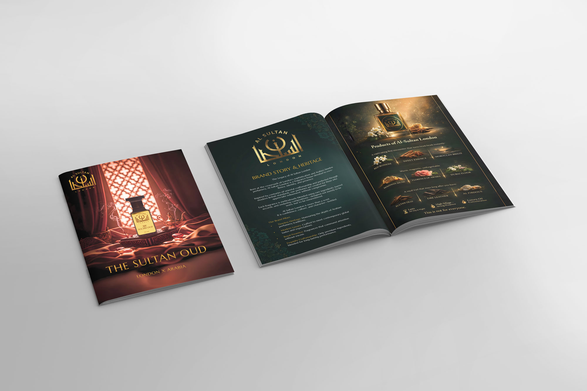 Luxury perfume catalogue and editorial design for Al Sultan London